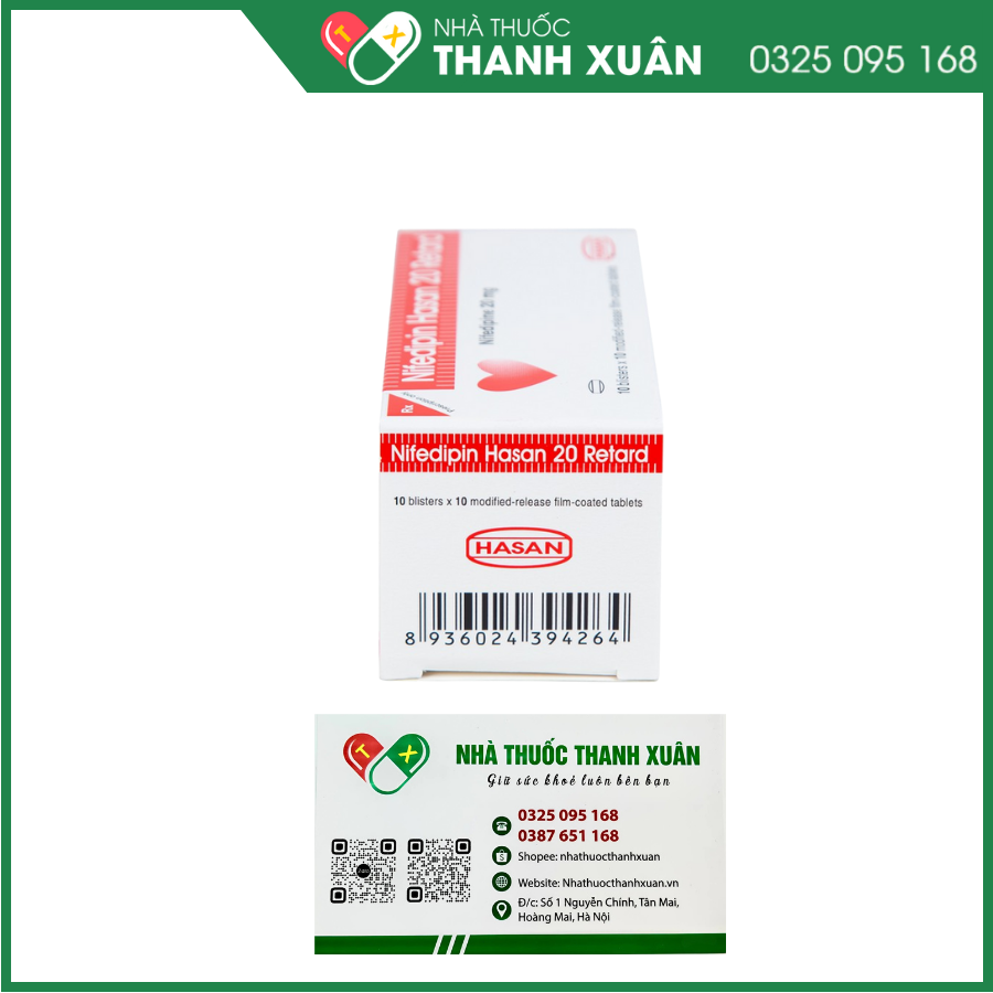 Nifedipin Hasan 20 Retard trị tăng huyết áp, đau thắt ngực